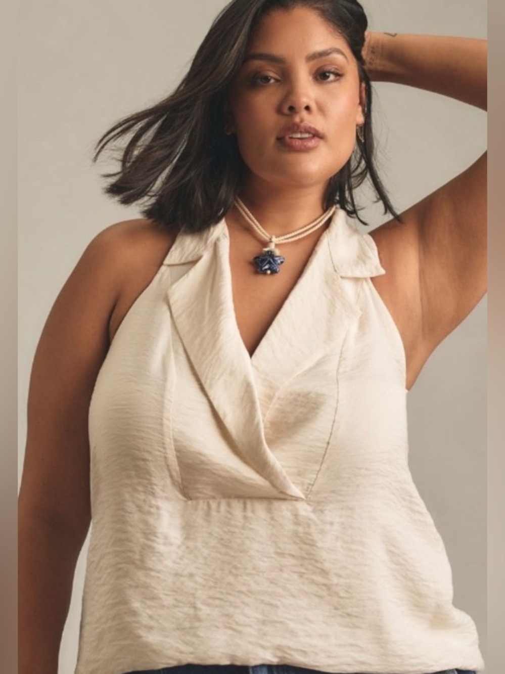 Anthropologie Ivory Oversized Deep V Halter, Bubble Hem, High/Low Top: M - Picture 1 of 10